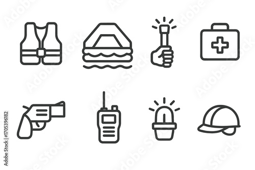 Ship Emergency Gear Icons. Outline icon set of ship emergency gear: life jacket, emergency raft, distress signal, survival kit,