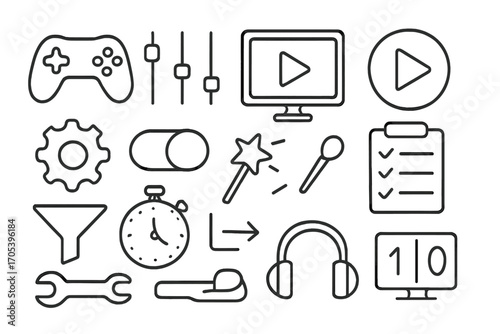 Game Interface Icons. Hand-drawn doodle illustration game preset gamepad, sliders, computer screen, play button, gear, toggle