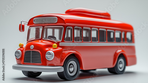 A vibrant red vintage bus model, showcasing classic design elements and playful charm. toy red English bus