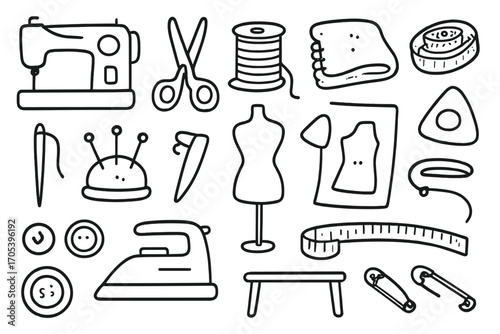 Tailor's Tools Illustration. Hand-drawn doodle illustration tailor sewing machine, scissors, thread spool, fabric, measuring tape,