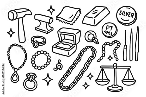 Jewelry Crafting Tools. Hand-drawn doodle illustration precious metal crafting hammer, anvil, polishing cloth, jewelry box, gold