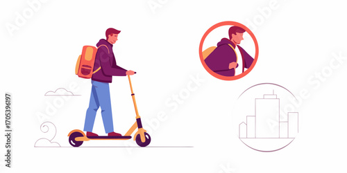 Young man with a backpack riding an electric scooter through the city with stylized clouds and buildings