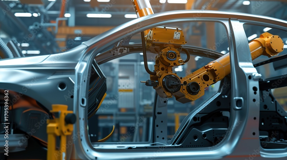 Fototapeta premium Advanced Automotive Manufacturing Robots at Work on a Modern Assembly Line, Precisely Welding, Bolting, and Assembling Car Components to Boost Efficiency, Ensure Quality, and Drive the Future of Autom