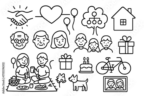 Family Doodle Celebration. Hand-drawn doodle illustration extended family connection handshake, heart symbol, family tree, house,