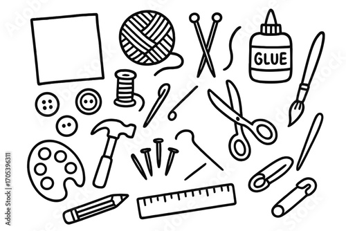 Crafting Tools Doodle. Hand-drawn doodle illustration crafting materials paper sheet, yarn ball, buttons, thread spool, glue