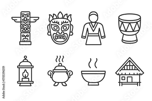 Cultural Tradition Icons. Outline icon set of cultural tradition: totem pole, festival mask, folk costume, drum, lantern, incense