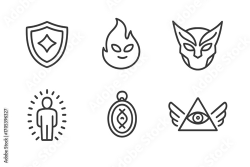 Ethereal Guardians Icons. Outline icon set of ethereal guardians: mystical shield, spirit flame, protective talisman, guardian
