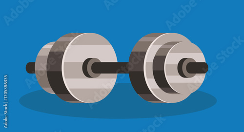 Flat design illustration of a single dumbbell centered on a solid background, showcasing minimalist fitness gear used for strength training, exercise, and home or gym workouts.