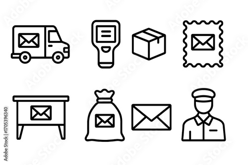 Postal Icons Set. Outline icon set of postal delivery equipment: mail truck, handheld scanner, parcel, stamp, sorting table,
