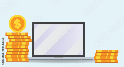 Flat design of stacked and scattered money coins casting soft shadows on a solid background, symbolizing wealth, savings, economy, and financial growth