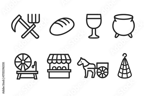 Medieval Life Icons. Outline icon set of barony daily life: harvest tools, bread loaf, wine goblet, cauldron, spinning wheel,