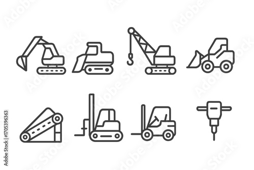 Construction Equipment Icons. Outline icon set of extraction equipment: excavator, bulldozer, crane, loader, conveyor belt,