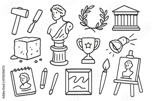 Sculptor's Toolkit Icons. Hand-drawn doodle illustration sculpture masterpiece chisel, hammer, marble block, sculpture, pedestal,