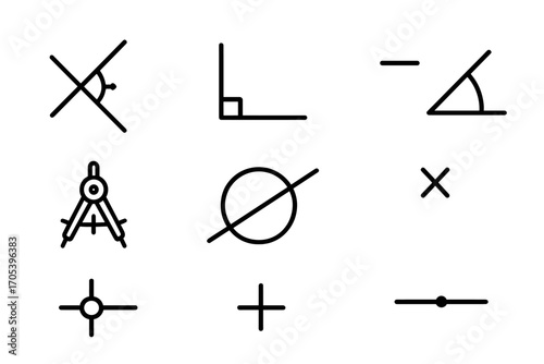 Geometric Icon Set. Outline icon set of geometric constructions: bisector, perpendicular line, parallel lines, angle measurement,