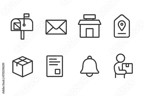 Mailing Address Icons. Outline icon set of mailing address: mailbox, letter, post office, address label, parcel box, shipping form