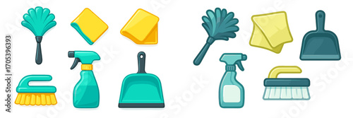 Household cleaning tools and supplies for domestic chores