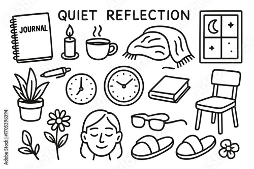 Peaceful Reflection Icons. Hand-drawn doodle illustration quiet reflection journal, pen, candle, cup of tea, soft blanket, window,