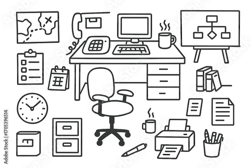 Office Desk Doodles. Hand-drawn doodle illustration base of operations office desk, computer, telephone, map, clipboard, calendar,