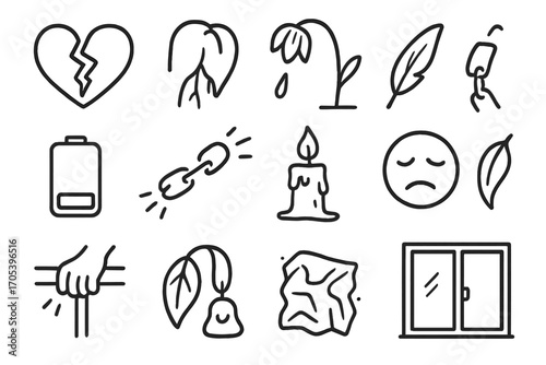 Symbols of Fragility. Hand-drawn doodle illustration vulnerability broken heart, cracked glass, wilting flower, falling feather,