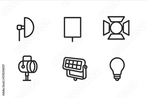 Lighting Icons Set. Outline icon set of lighting accessories: reflector, softbox, diffuser, barn doors, spotlight, floodlight,