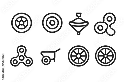 Outline Wheel Icons. Outline icon set of toy wheels: toy car wheel, toy train wheel, spinning top, yo-yo, fidget spinner,