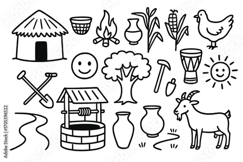 Malawian Village Doodle. Hand-drawn doodle illustration Malawian village life hut, fire pit, basket, water pot, maize stalks, drum