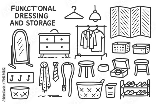 Functional Dressing Space Doodles. Hand-drawn doodle illustration Functional dressing and storage space full-length mirror, hanger