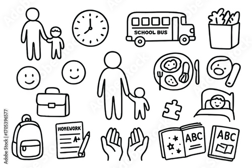 Single Parent Routine. Hand-drawn doodle illustration single parent daily routine parent figure, child, clock, school bus,