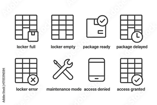 Icon Set for Delivery. Outline icon set of parcel locker status indicators: locker full, locker empty, package ready, package