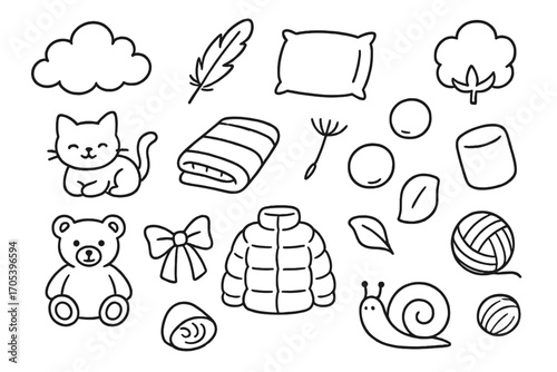 Softness Doodle Icons. Hand-drawn doodle illustration softness cloud, feather, pillow, cotton ball, kitten, baby blanket,