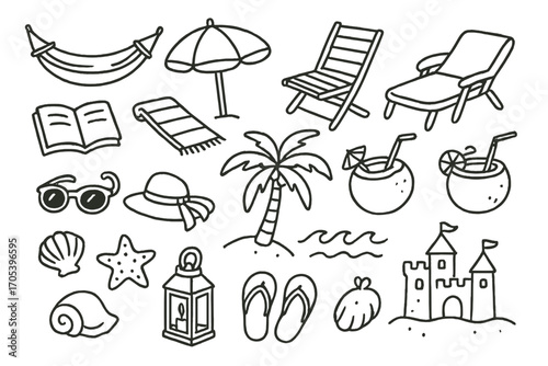 Beach Doodle Icons. Hand-drawn doodle illustration Beach relaxation hammock, sun umbrella, beach chair, book, sunglasses, coconut