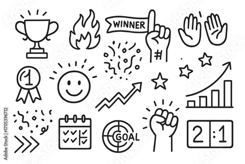 Champion's Victory Icons. Hand-drawn doodle illustration champion’s streak trophy cup, fire flames, winner’s ribbon, number one