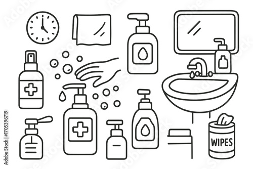 Hygiene Essentials Doodle. Hand-drawn doodle illustration hand sanitizer dispenser sanitizer bottle, pump nozzle, hand, bubbles,