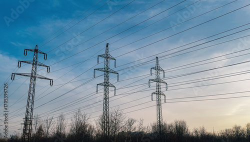 Electric power transmission towers and cables silhouetted