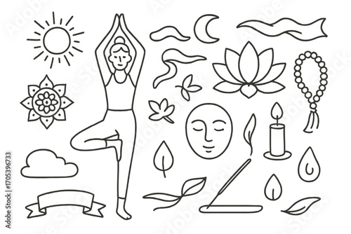 Yoga Symbols Doodle. Hand-drawn doodle illustration grace yoga pose, lotus flower, meditation beads, candle, flowing scarf, sun,