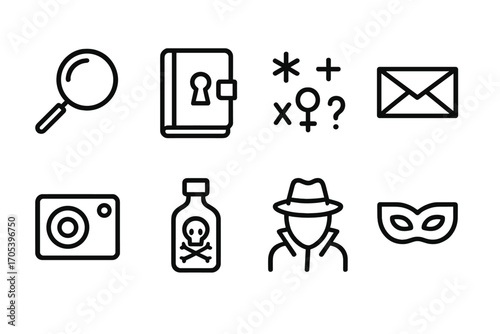 Intrigue and Secret Icons. Outline icon set of intrigue tools: magnifying glass, locked diary, cryptic symbols, secret letter,
