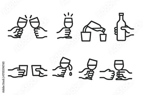 Drinking Gesture Icons. Outline icon set of drinking gestures: cheers clink, raising glass, pouring drink, holding bottle, passing
