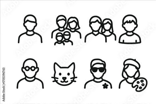 Portrait Icon Set. Outline icon set of portrait subjects: person, family, couple, child, elder, pet, celebrity, artist. Line icons