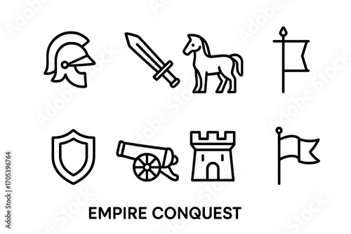 Empire Conquest Icons. Outline icon set of empire conquest: helmet, sword, warhorse, banner, shield, cannon, fort, flag. Line