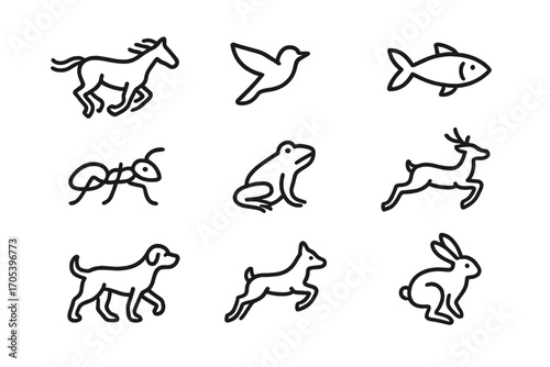 Animal Movement Icons. Outline icon set of animal movement: running horse, flying bird, swimming fish, crawling insect, jumping