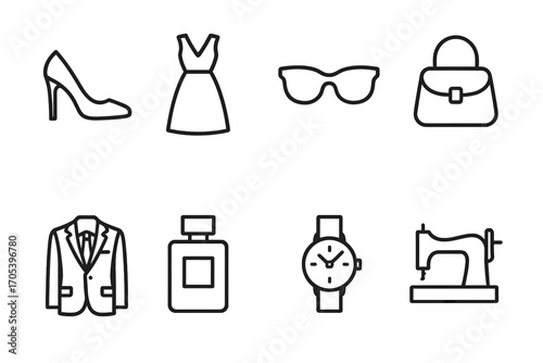 Iconic Fashion Designs. Outline icon set of Italian fashion and design: high heel shoe, dress, sunglasses, handbag, suit, perfume