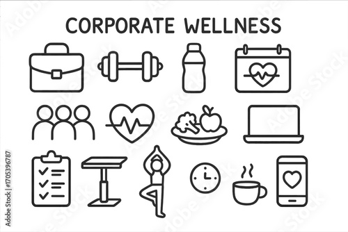 Corporate Wellness Icons. Hand-drawn doodle illustration Corporate wellness briefcase, dumbbell, water bottle, calendar, heart