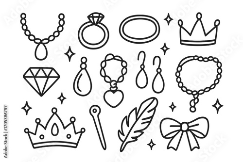 Jewelry Doodle Icons. Hand-drawn doodle illustration adornment necklace, ring, bracelet, earrings, crown, pendant, gemstone, charm