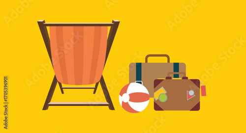 Flat design illustration of a beach chair with bags and a colorful beach ball beside it, creating a relaxed and vacation-ready vibe on a solid background, symbolizing summer fun and leisure.