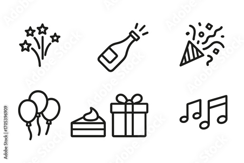 Celebration Icon Set. Outline icon set of celebration symbols: fireworks, champagne bottle, confetti, party popper, balloons, cake