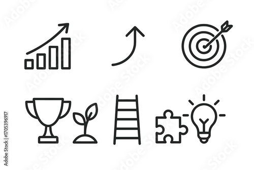 Influence Growth Icons. Outline icon set of influence growth: bar chart, upward arrow, target, plant sprout, trophy, ladder, light