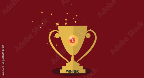 Flat design illustration of a trophy symbolizing victory in a race, featuring a shiny cup, handles, and a base, representing achievement and success in sports or competition on a clean background.