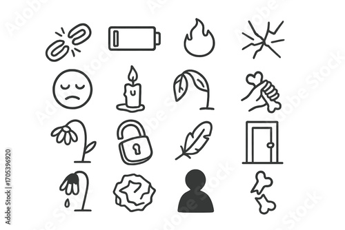 Symbolic Loss Icons. Hand-drawn doodle illustration loss of control broken chain, empty battery, fading flame, cracked glass,