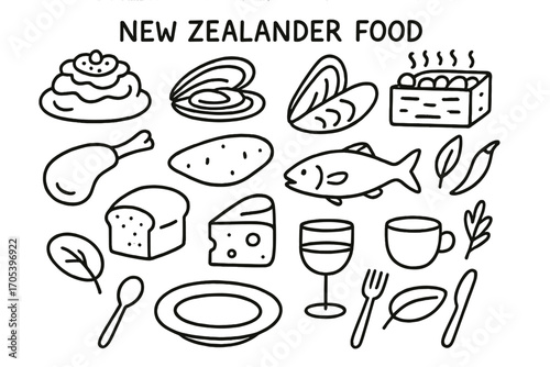 New Zealand Food Icons. Hand-drawn doodle illustration New Zealander food pavlova, green-lipped mussel, hangi oven, lamb chop,