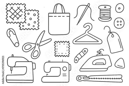 Sewing Tools Doodle Icons. Hand-drawn doodle illustration Cloth bag patterns and materials fabric pattern, tote bag, stitching